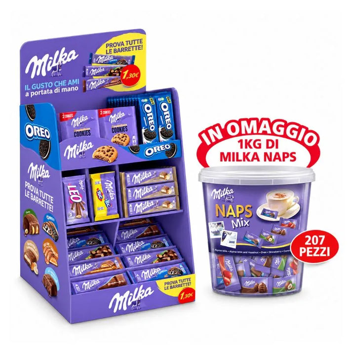 Milka & Oreo Espositore Assortito Confezione da 248 Pezzi + 1 Milka Naps Omaggio