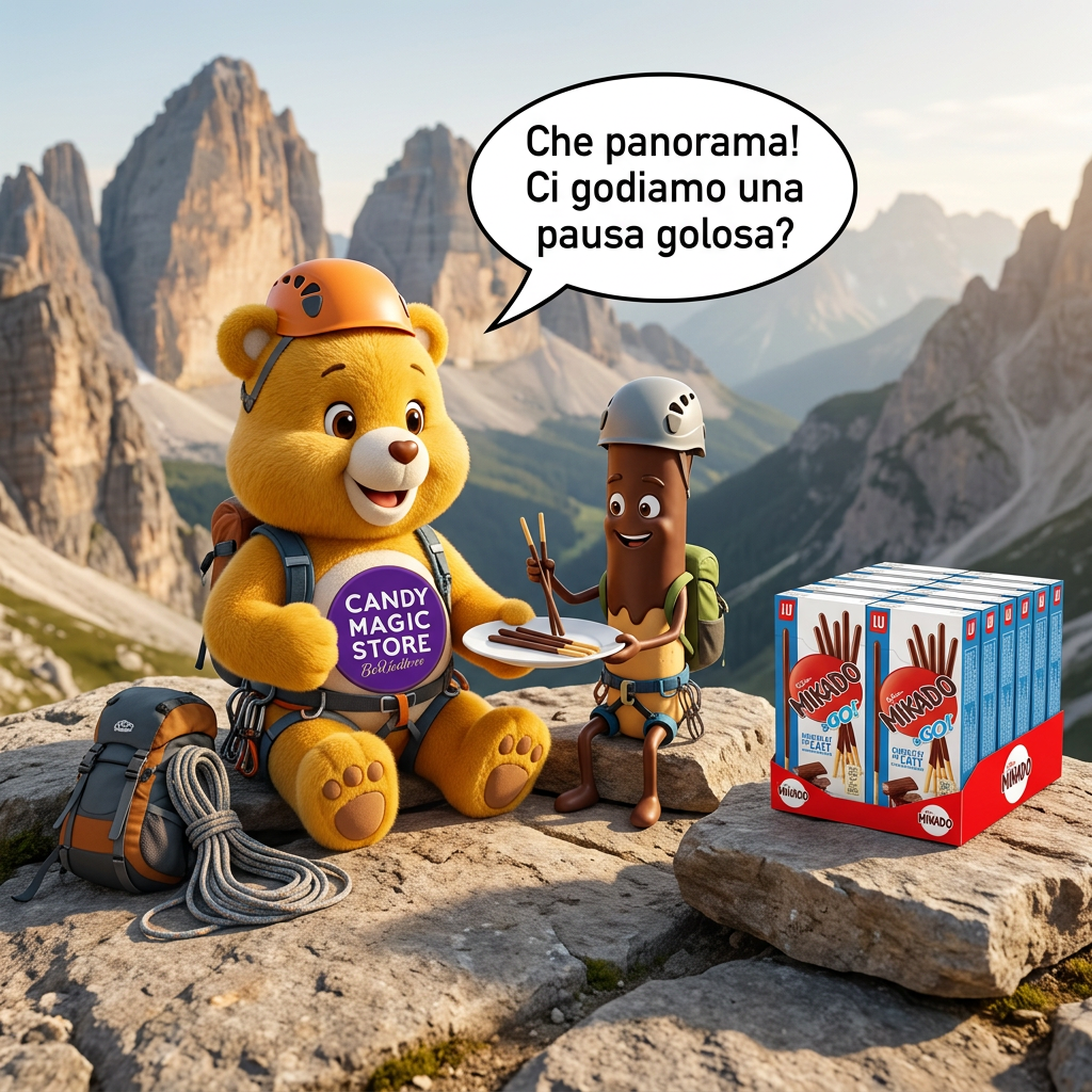 Orsetto Candy Magic Store e Mikado cartoon scalatori in pausa in montagna