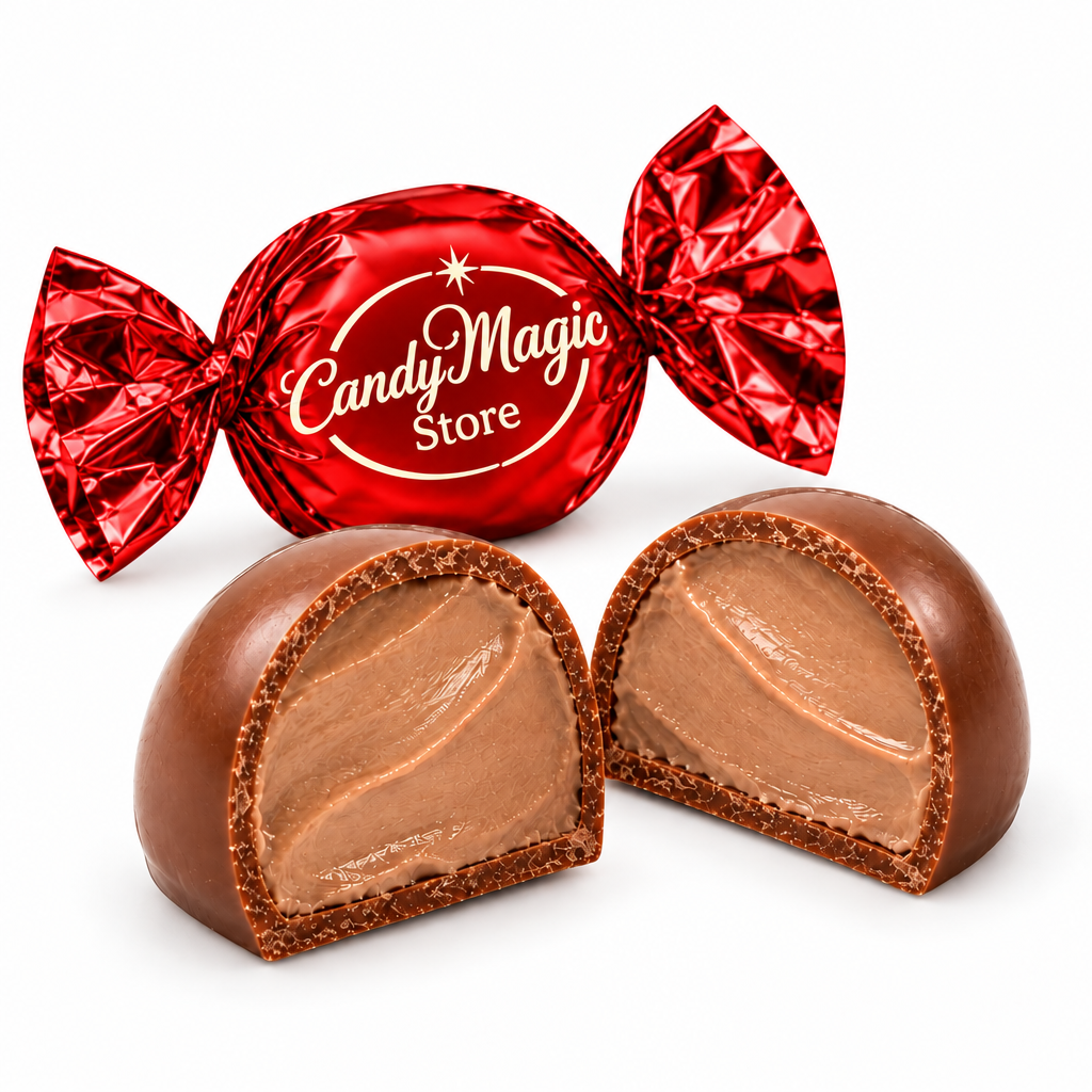 Pralina con crema gianduia e incarto rosso acceso, immagine illustrativa