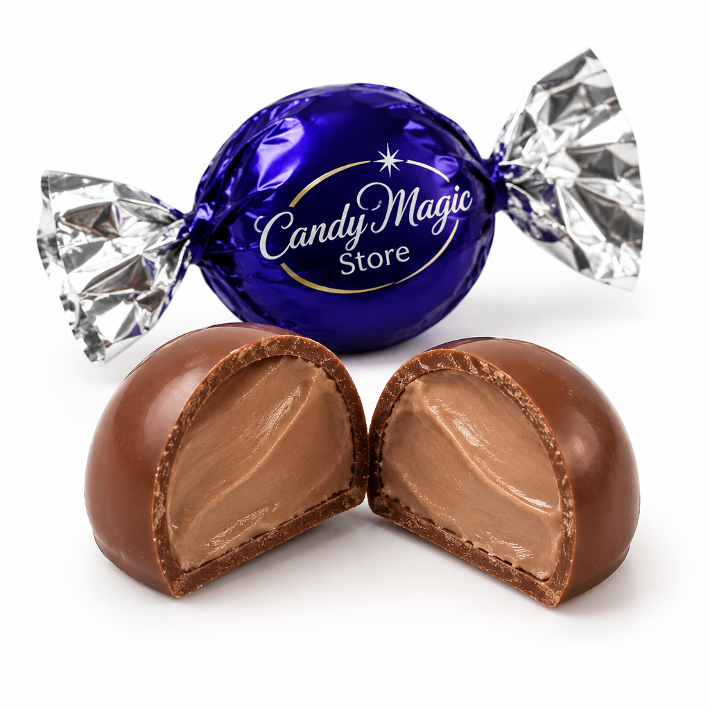 Pralina con crema gianduia visibile, ricostruzione illustrativa