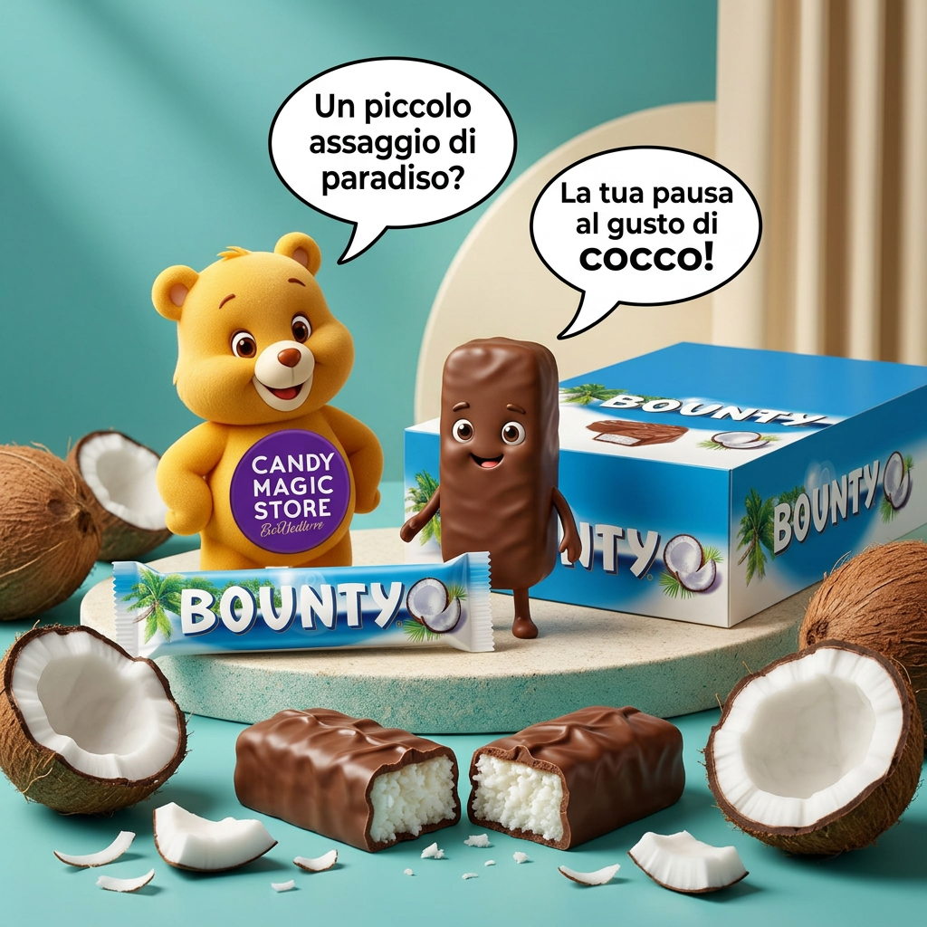 Bounty, cocco e cioccolato con orsetto e amico cartoon
