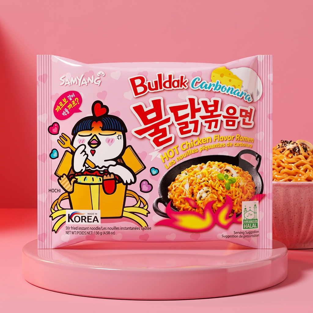 Buldak Carbonara su sfondo rosa