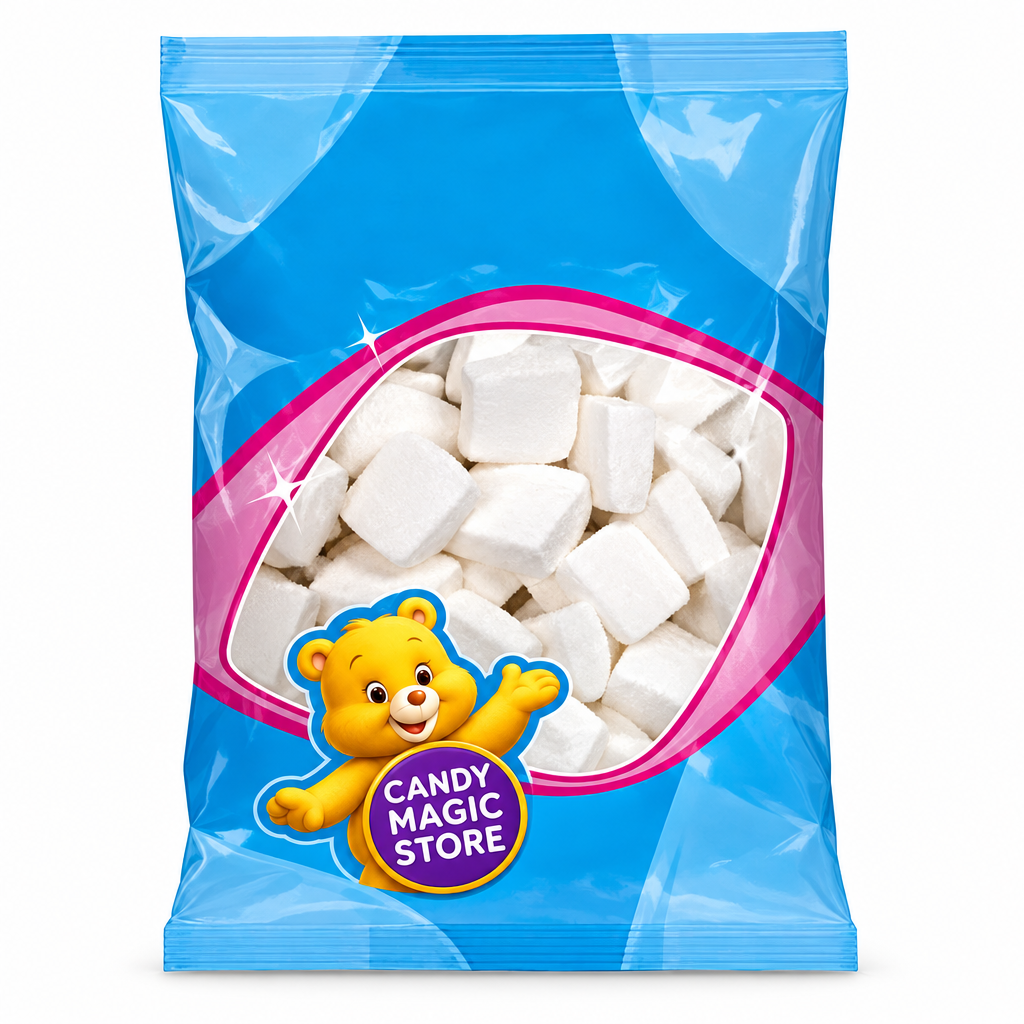 Busta di marshmallow con logo Candy Magic Store su sfondo bianco