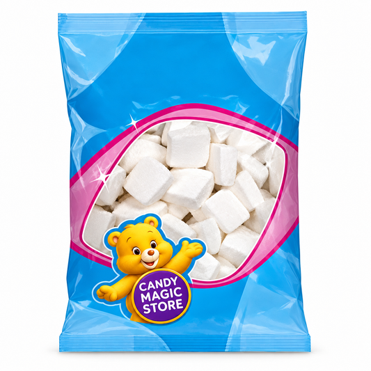 Busta di marshmallow con logo Candy Magic Store su sfondo bianco
