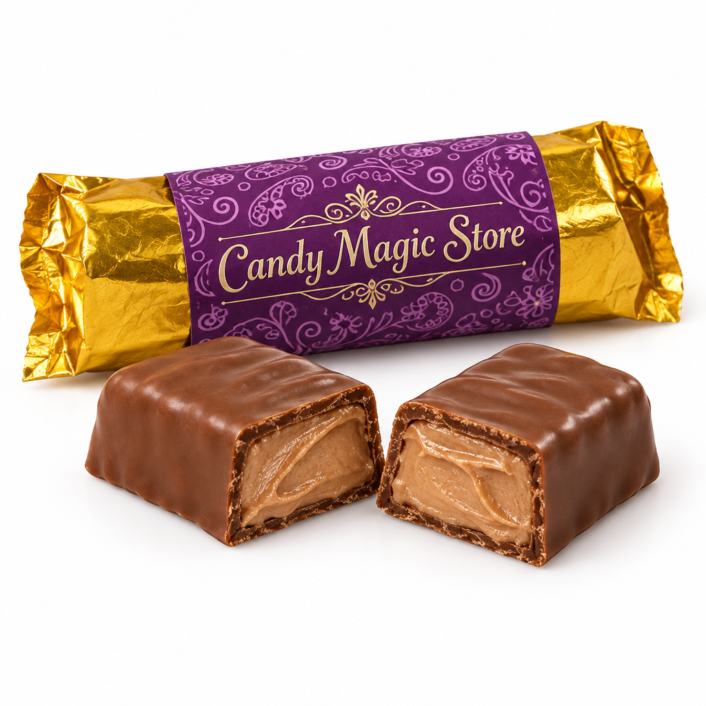 Cioccolatino tagliato con crema alla nocciola e incarto Candy Magic Store su sfondo bianco, ricostruzione illustrativa
