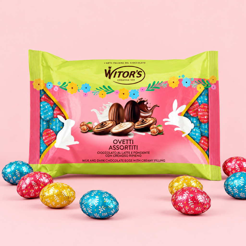 Confezione con ovetti su sfondo rosa
