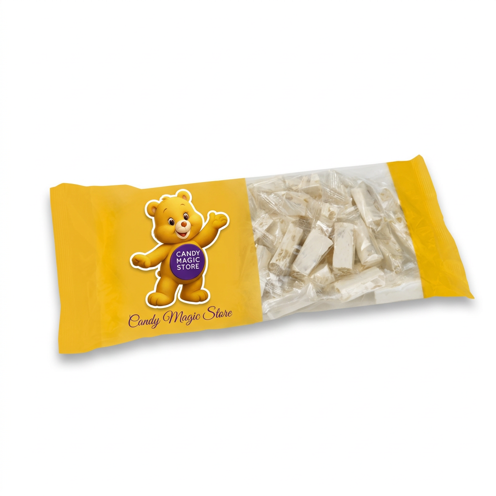 Confezione gialla con logo e firma Candy Magic Store