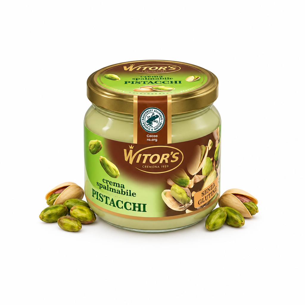 Crema Witor’s ai pistacchi su sfondo bianco con pistacchi alla base