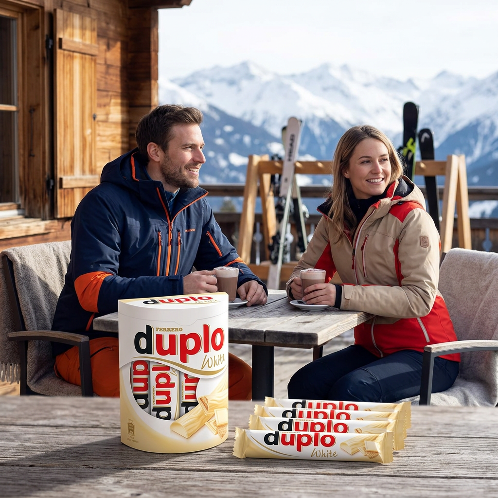 Duplo White durante una pausa sugli sci