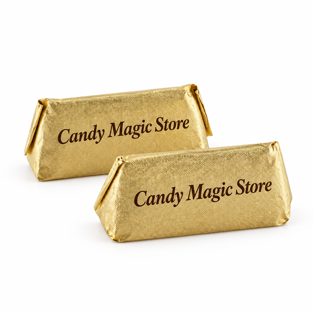 Gianduiotti con scritta Candy Magic Store, senza orsetto, su sfondo bianco