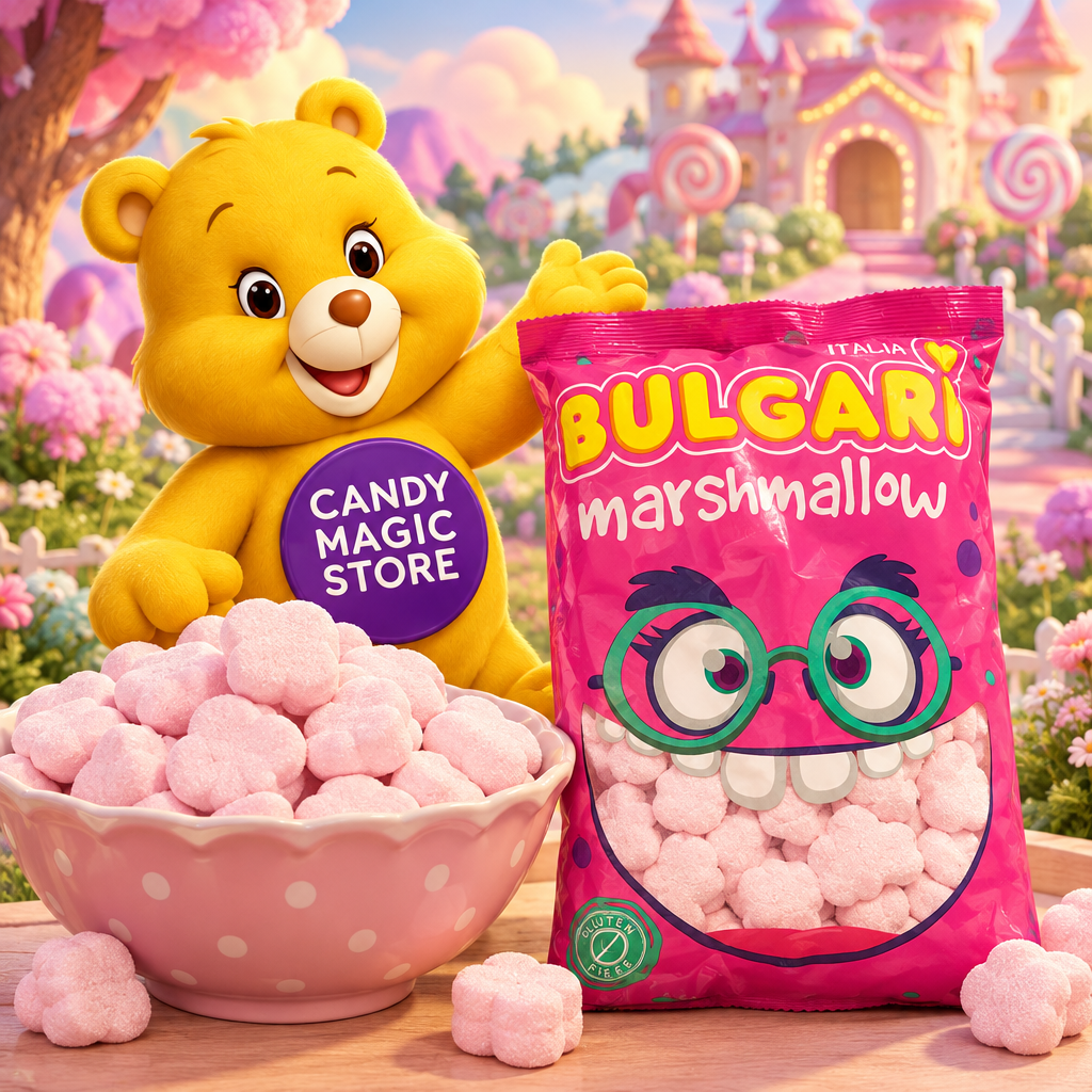 Giardino animato con marshmallow rosa e orsetto