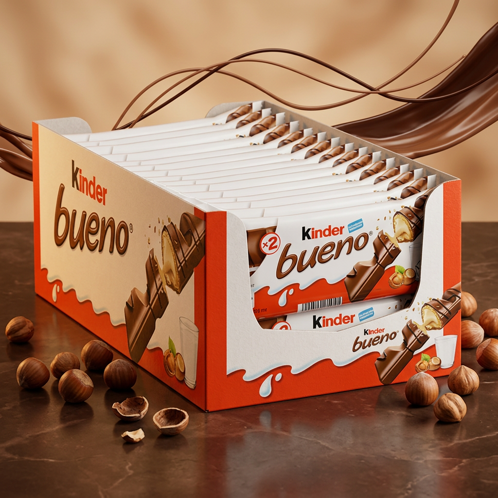 Kinder Bueno con ambientazione cioccolato e nocciole