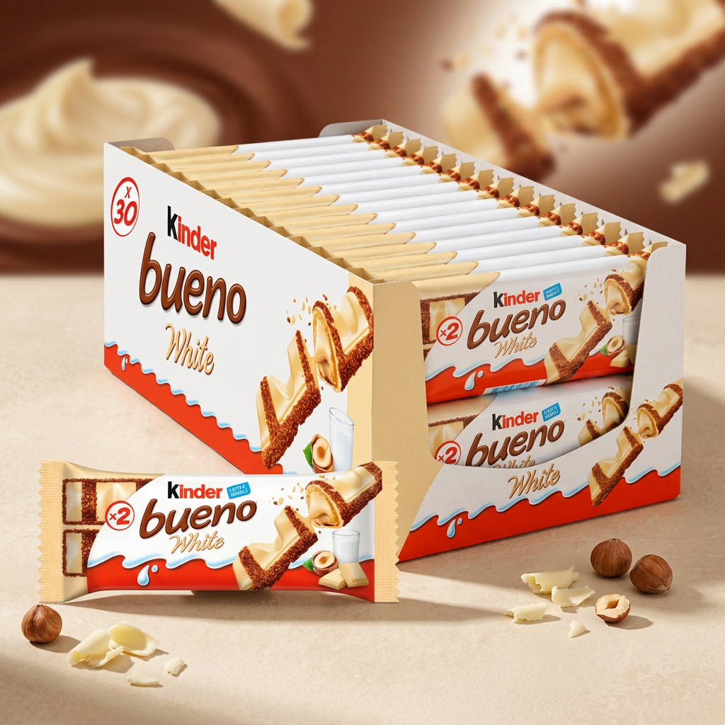 Kinder Bueno White con ambientazione cacao e cioccolato bianco