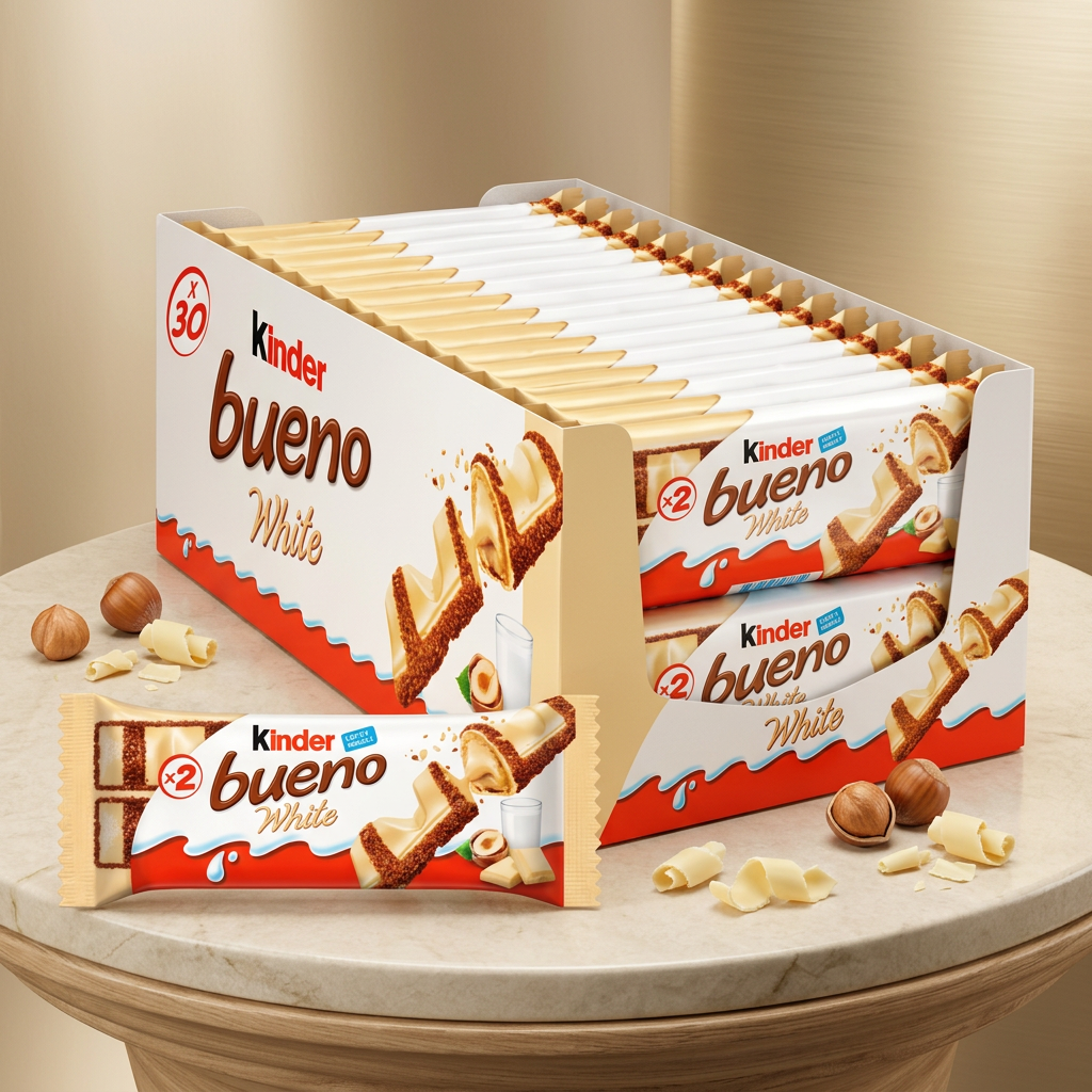 Kinder Bueno White su sfondo champagne