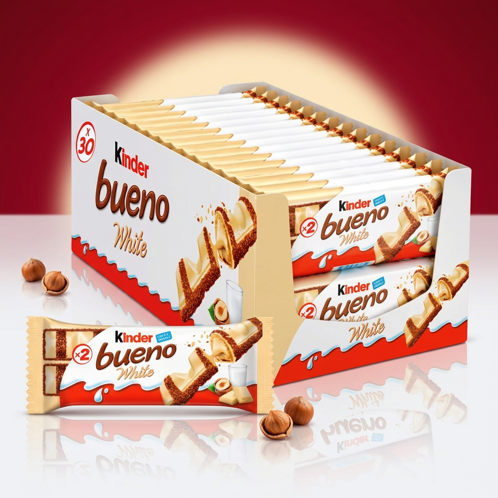 Kinder Bueno White su sfondo rosso