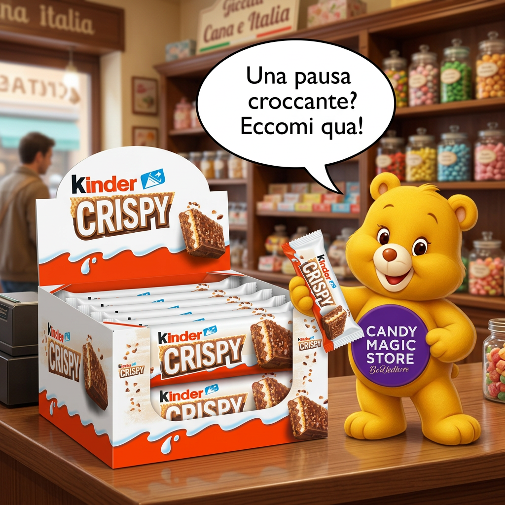 Kinder Crispy al banco cassa con orsetto e fumetto
