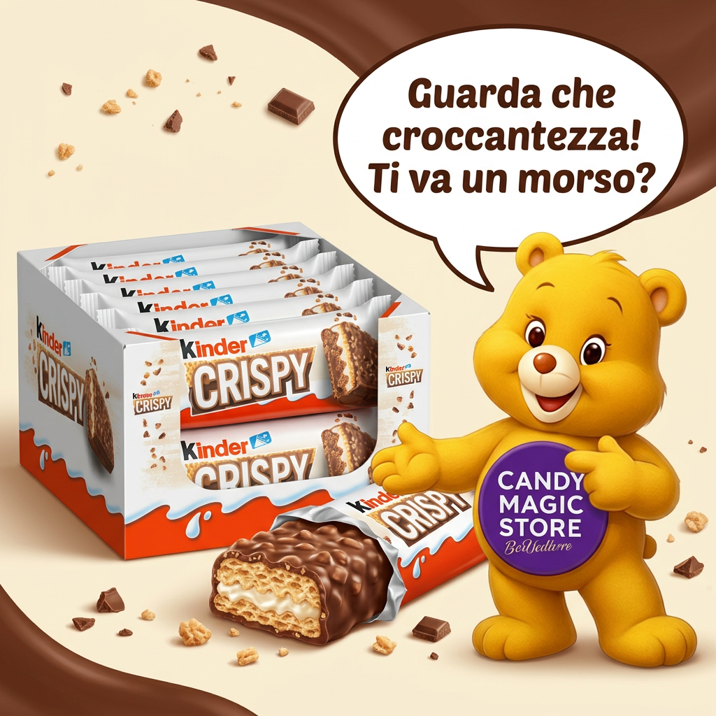 Kinder Crispy in primo piano con orsetto e fumetto sulla croccantezza