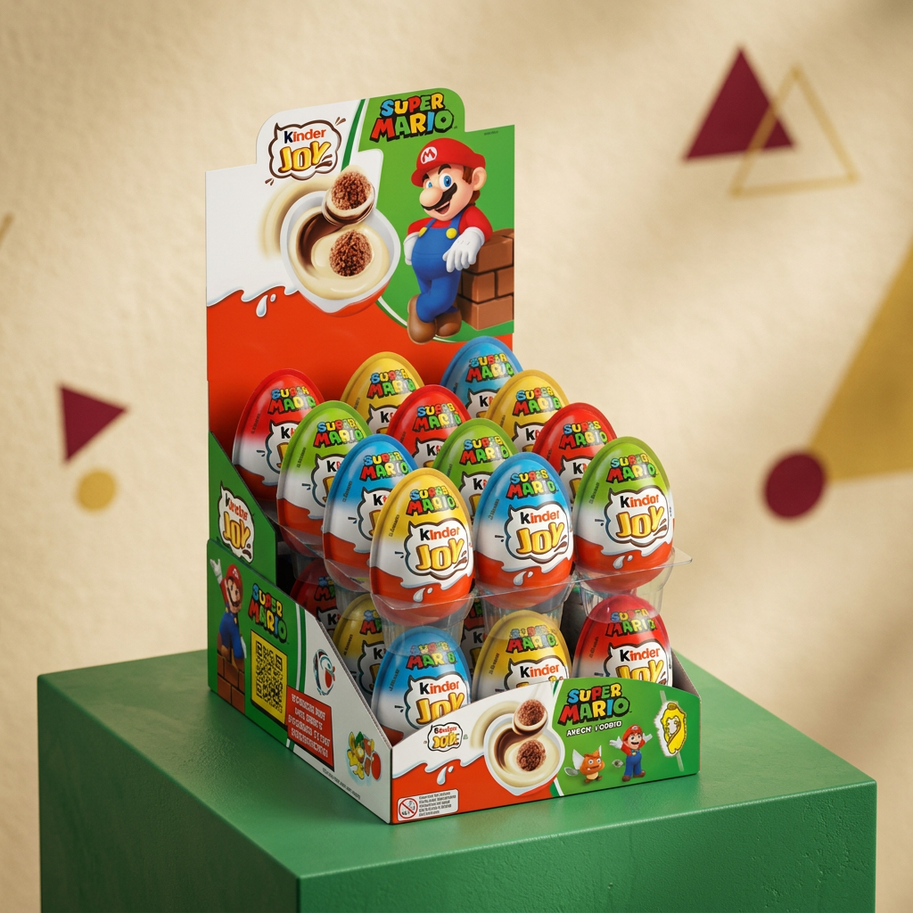 Kinder Joy Super Mario su piattaforma verde e sfondo crema