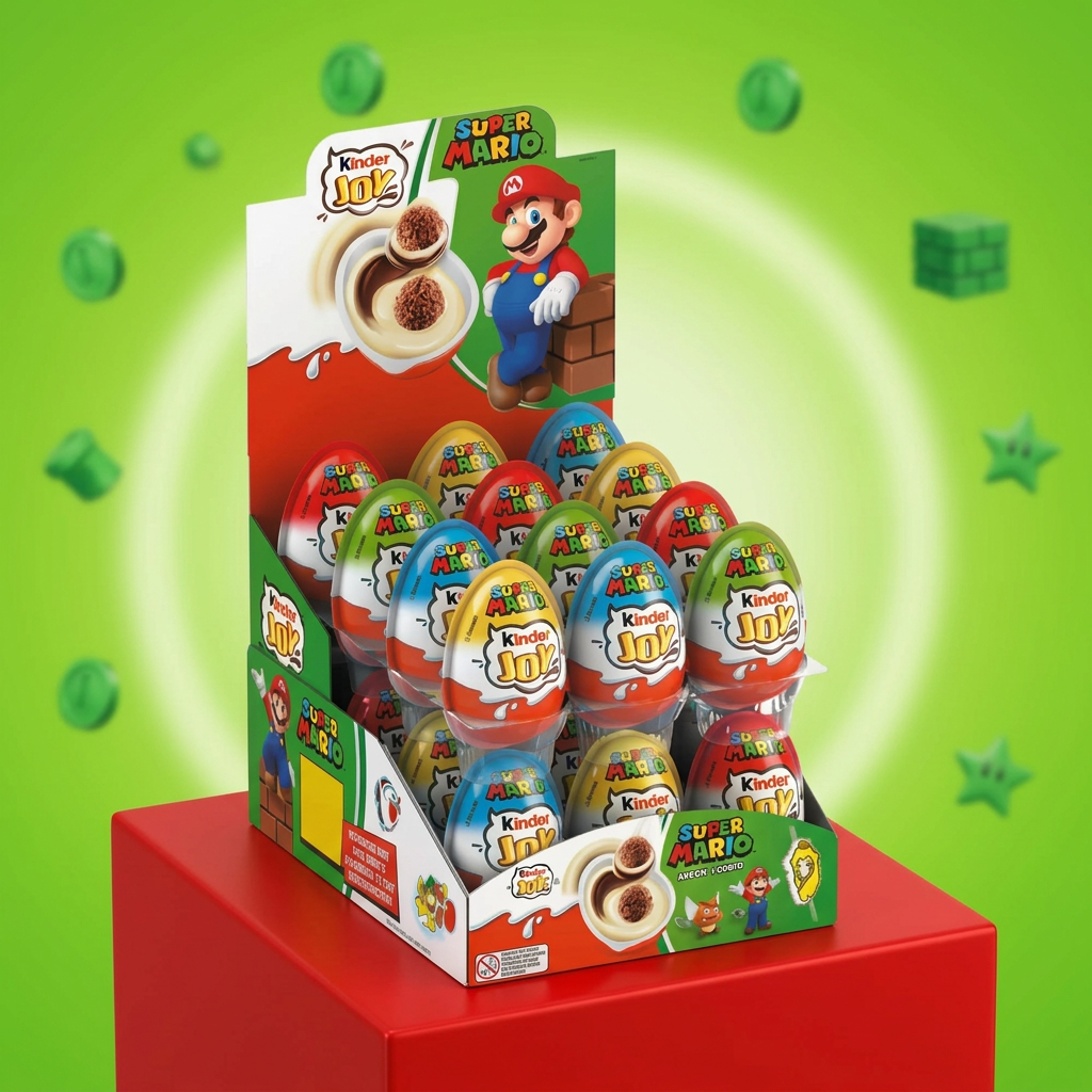 Kinder Joy Super Mario su sfondo verde vivace