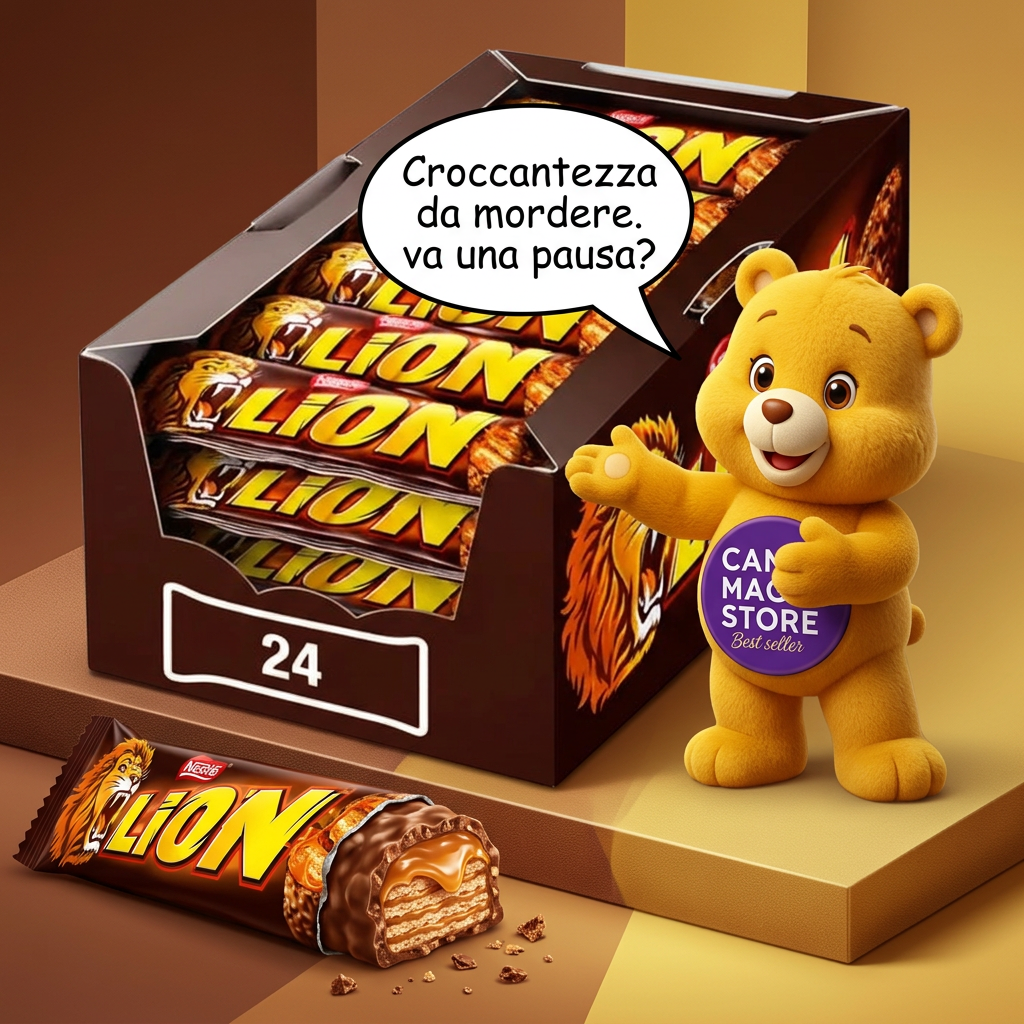 Lion in primo piano con orsetto e fumetto sulla croccantezza