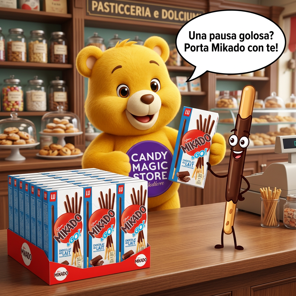 Mikado cartoon e orsetto al banco cassa con fumetto