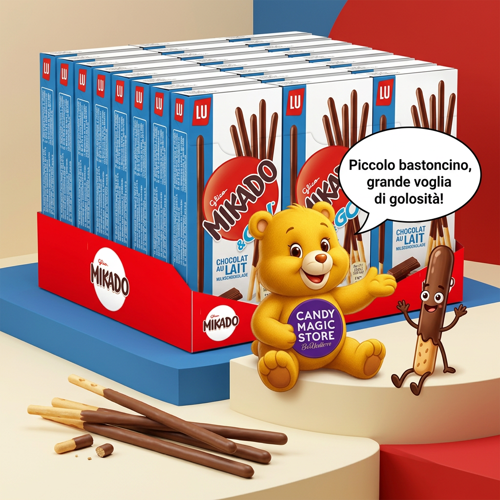 Mikado in primo piano con personaggio cartoon e orsetto