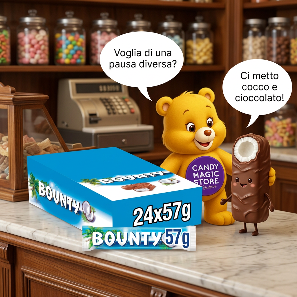 Orsetto e Bounty cartoon al banco cassa con dialogo a fumetto