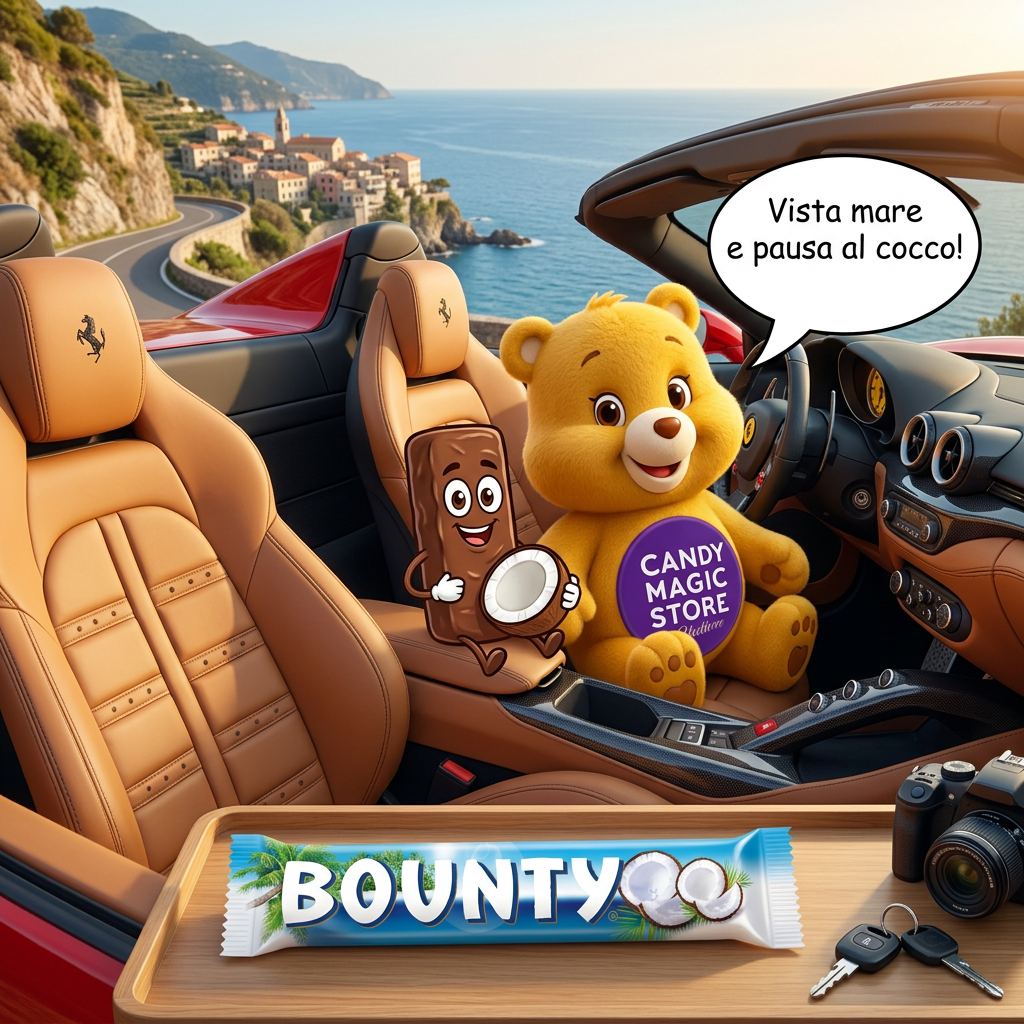 Orsetto e Bounty cartoon in Ferrari per una pausa vista mare