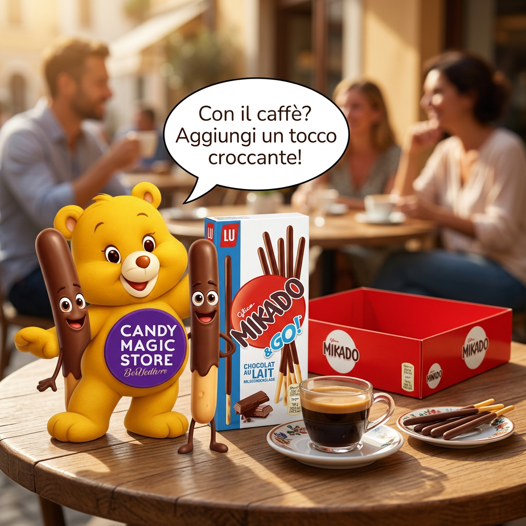 Pausa caffè con Mikado cartoon e orsetto parlante