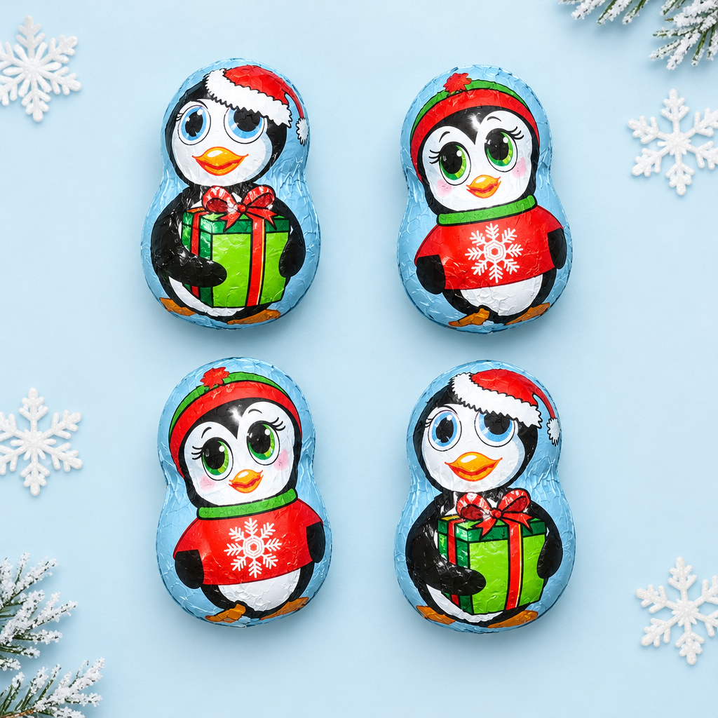 Pinguini su sfondo azzurro invernale