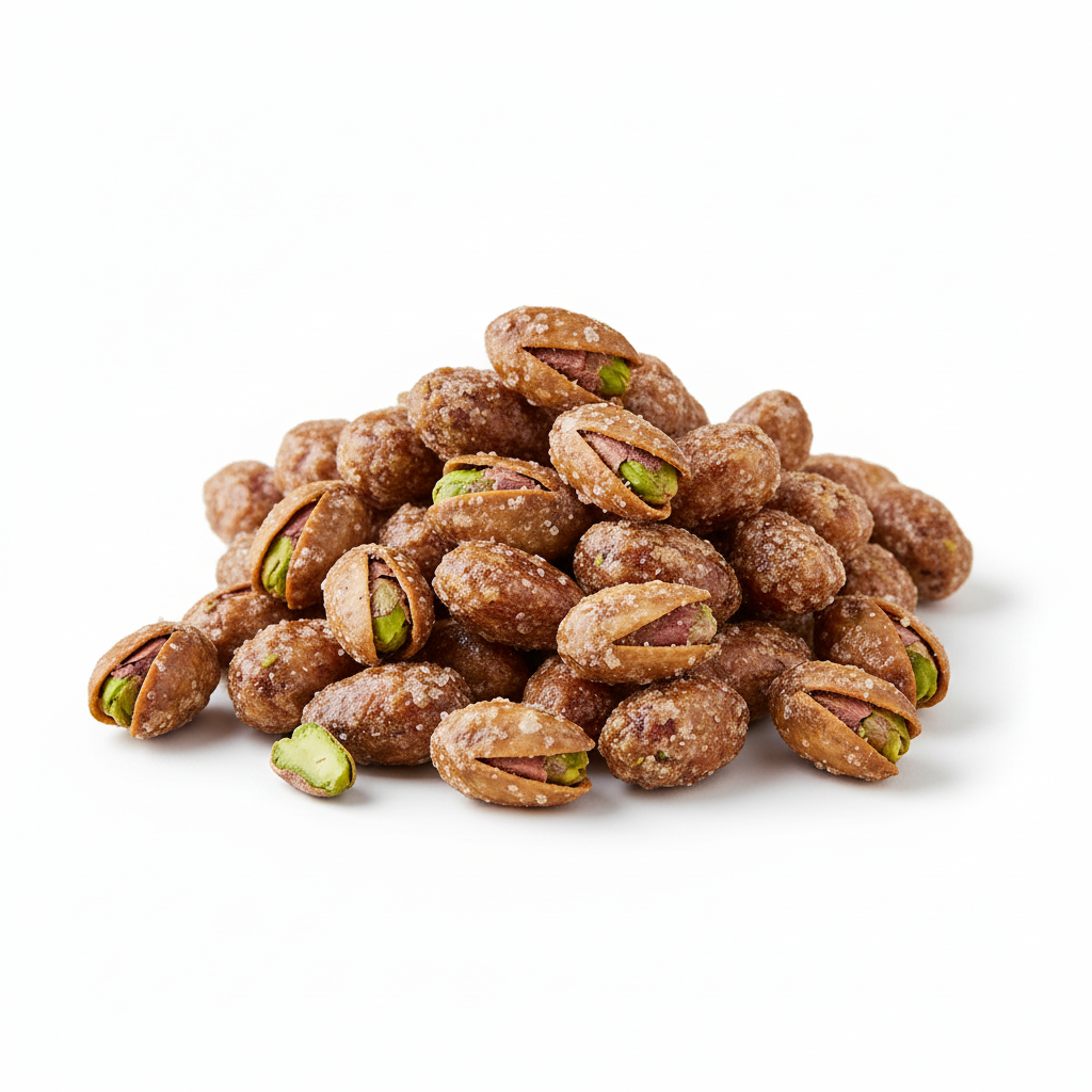Pistacchi pralinati su sfondo bianco neutro