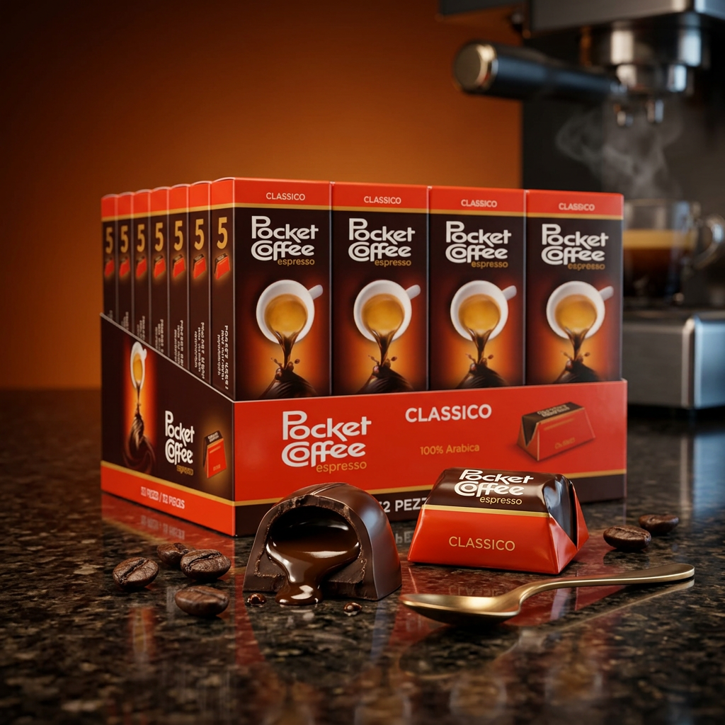Pocket Coffee, primo piano di cioccolato e caffè