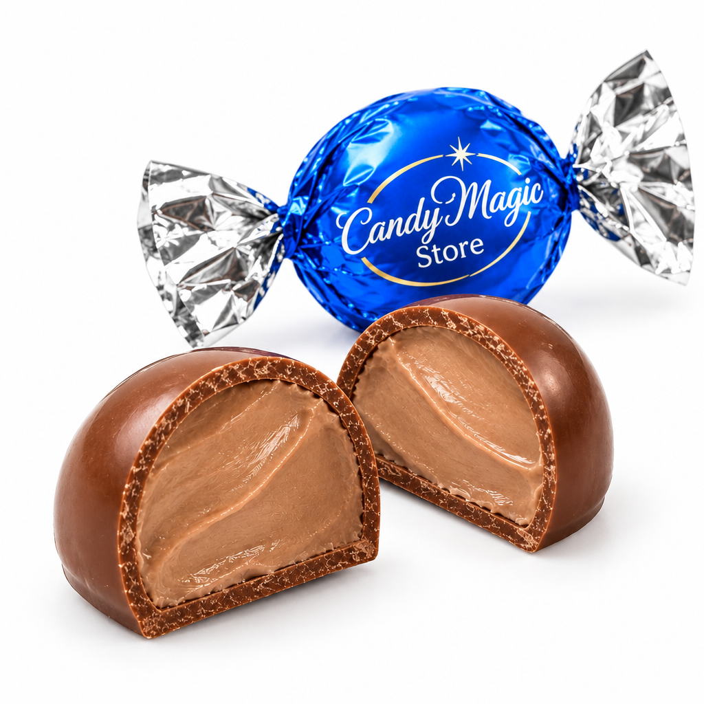 Pralina con crema gianduia e incarto blu elettrico, immagine illustrativa
