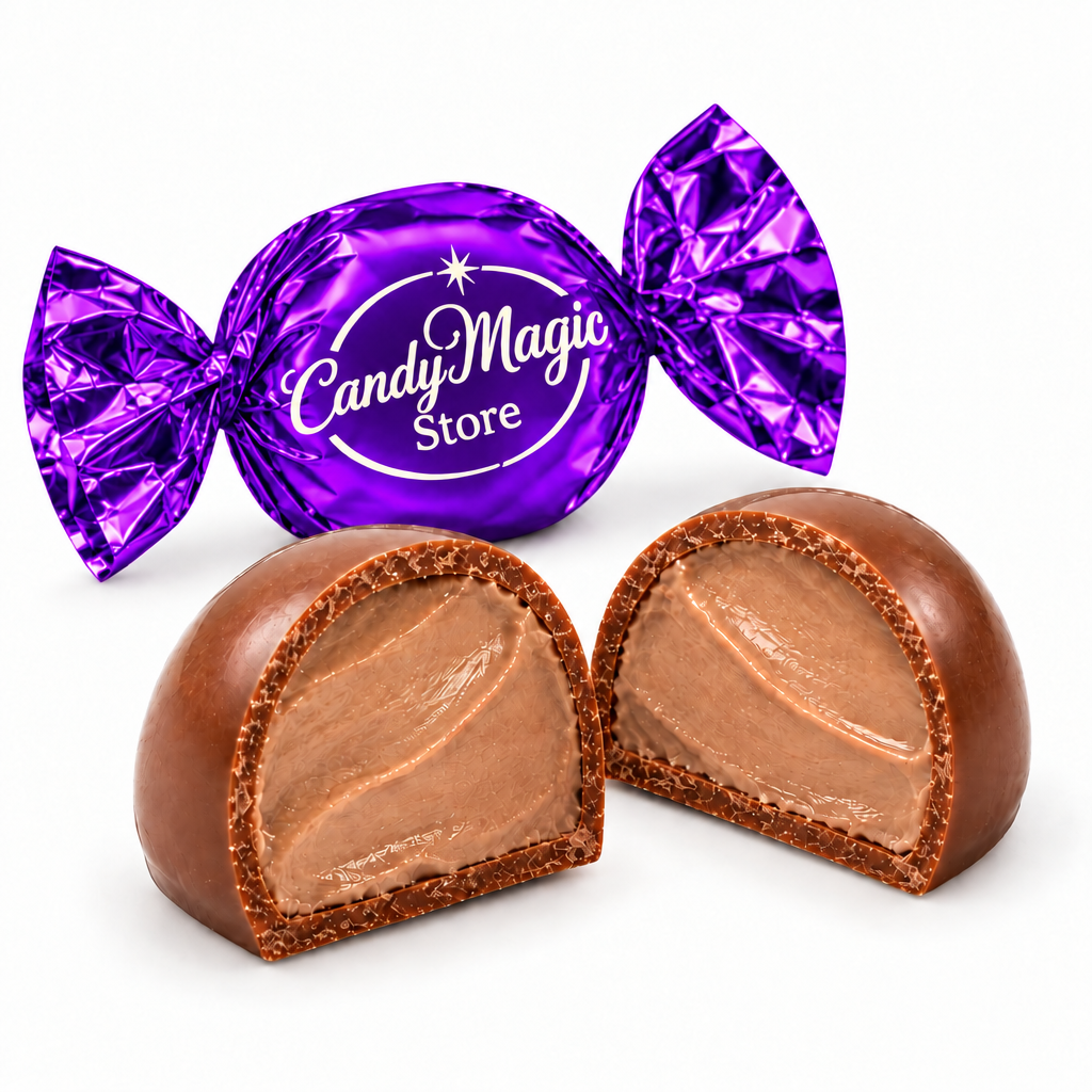 Pralina con crema gianduia e incarto viola acceso, immagine illustrativa
