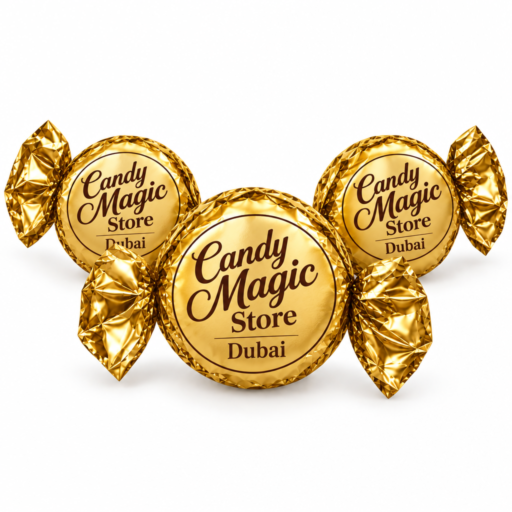 Praline con incarto gold e scritte Candy Magic Store e Dubai