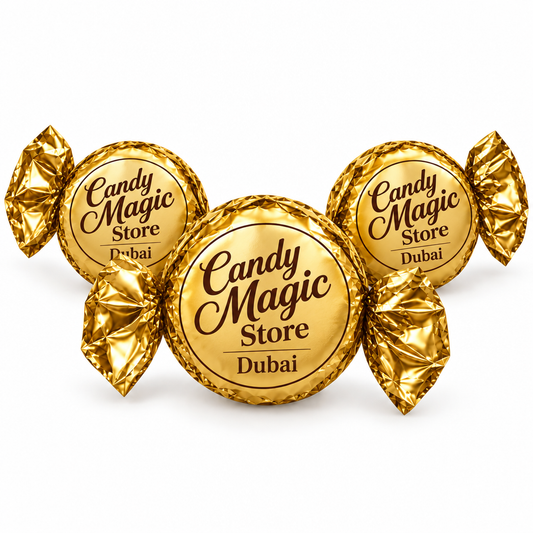 Praline con incarto gold e scritte Candy Magic Store e Dubai