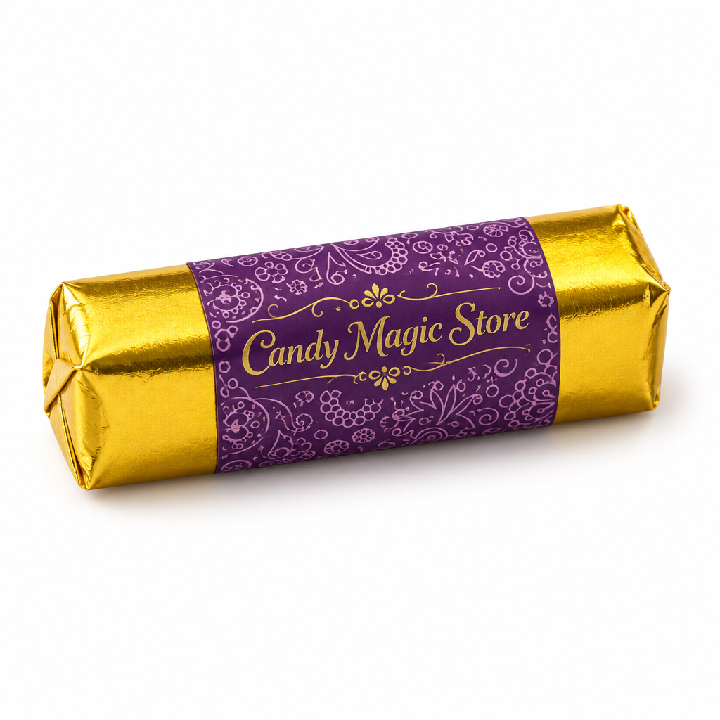 Primo piano con incarto Candy Magic Store su sfondo bianco