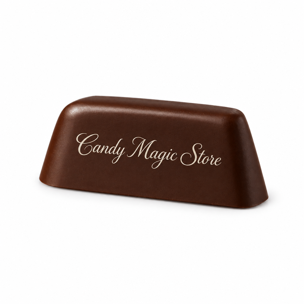 Primo piano del gianduiotto fondente con firma Candy Magic Store
