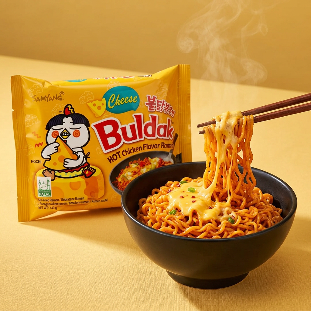 Samyang Cheese Buldak con noodles e bacchette