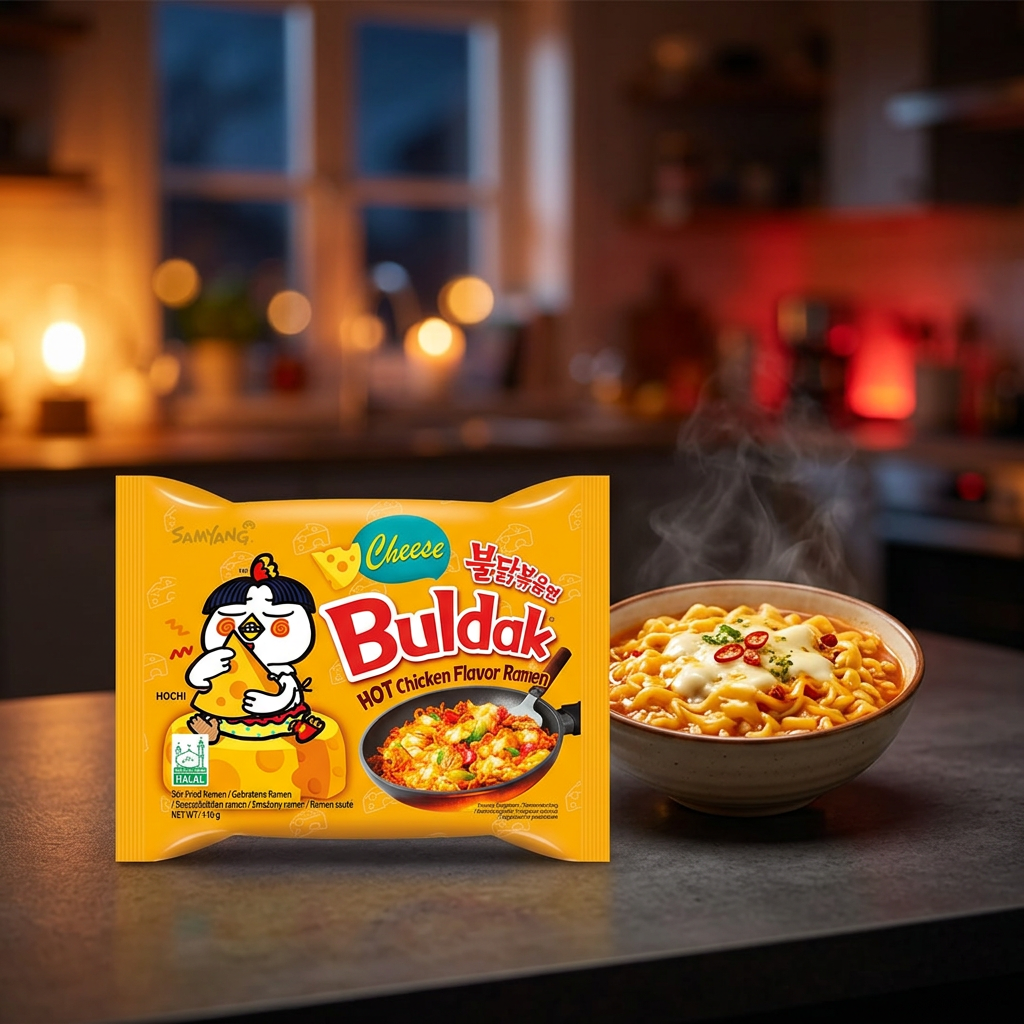 Samyang Cheese Buldak in ambientazione serale