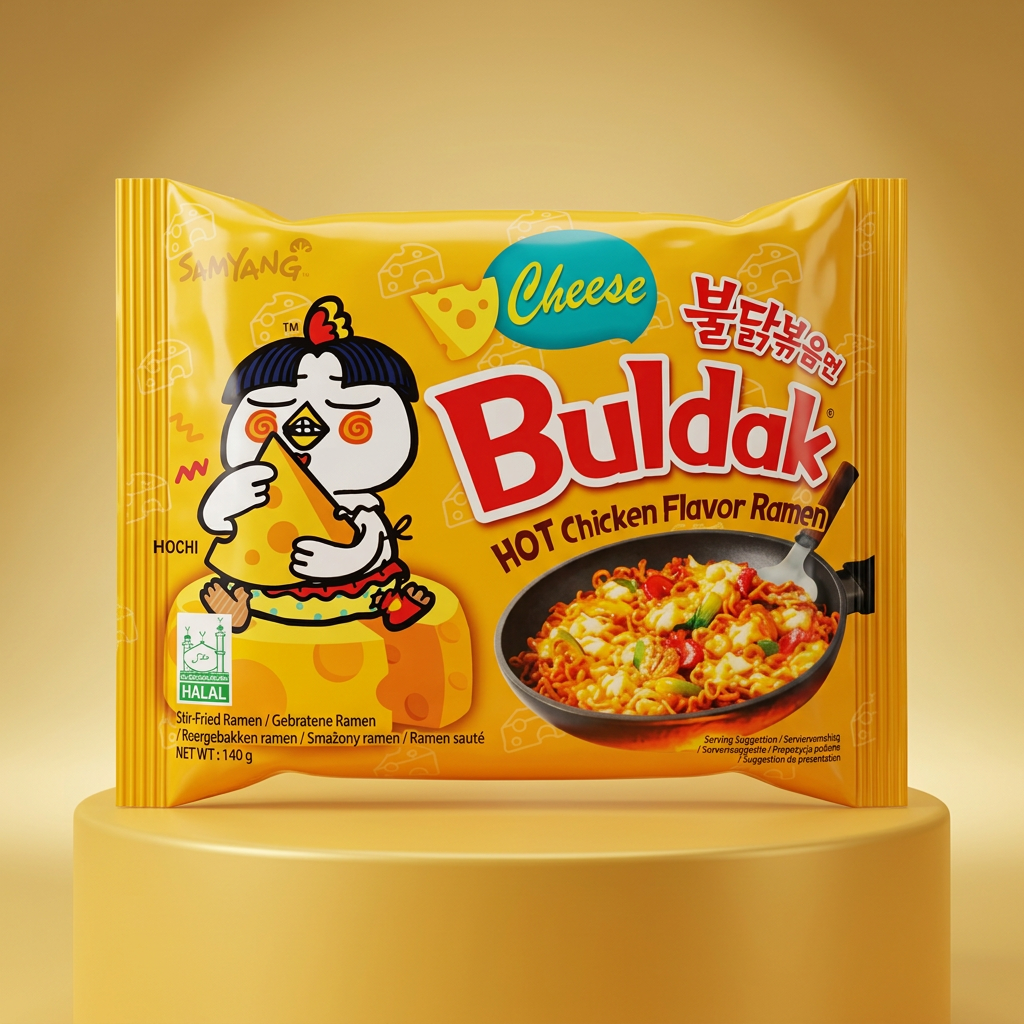 Samyang Cheese Buldak su sfondo dorato