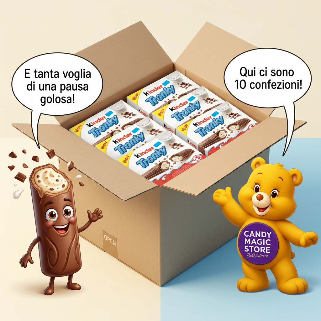Scatola con dieci confezioni Kinder Tronky, prodotto cartoon e orsetto Candy Magic Store