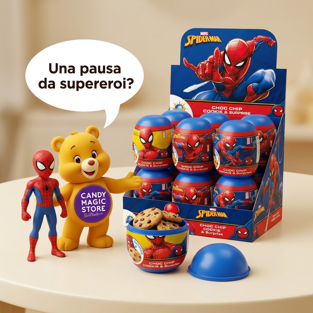 Spider-Man e orsetto Candy Magic Store con confezione aperta e biscotti