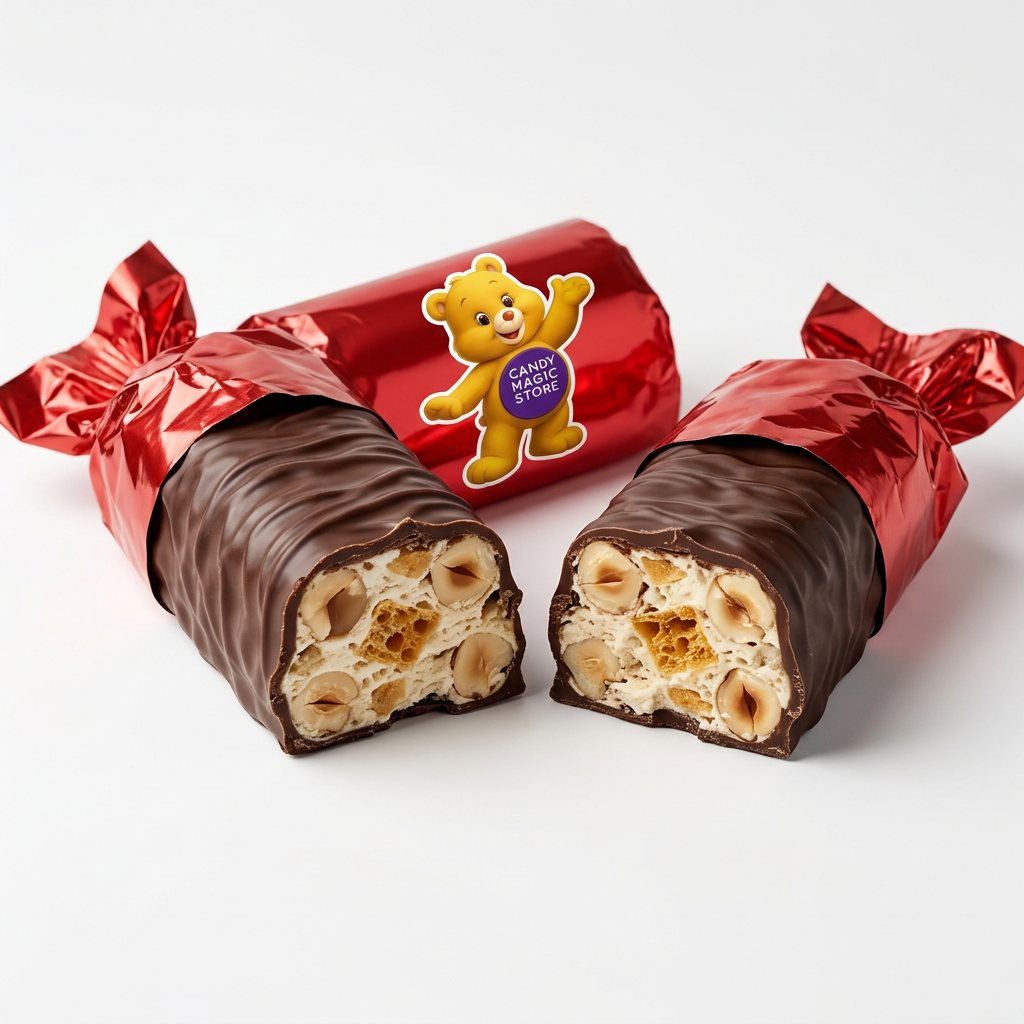 Torrone aperto in due con incarto rosso e orsetto originale